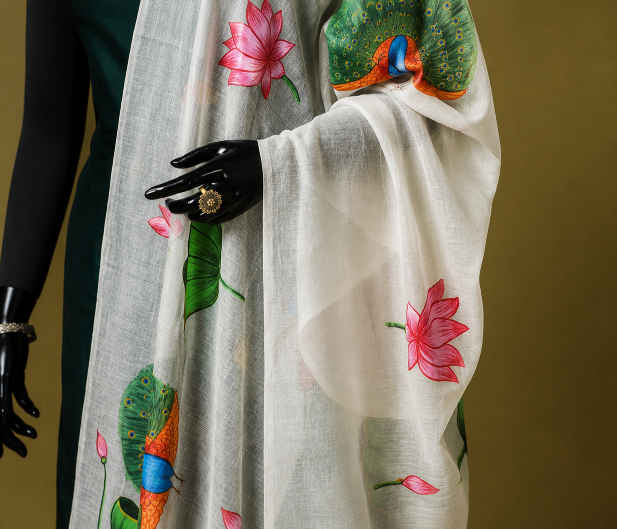 Hand-Painted Offwhite Dupatta with Royal Peacock & Lotus Art